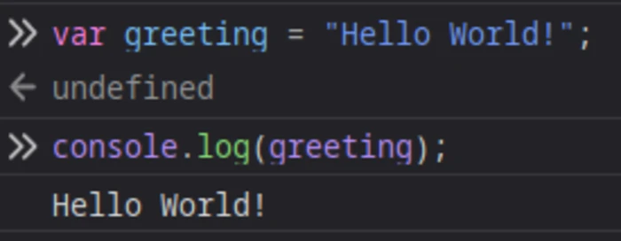 a screenshot of the devtools displaying a basic javascript hello world example