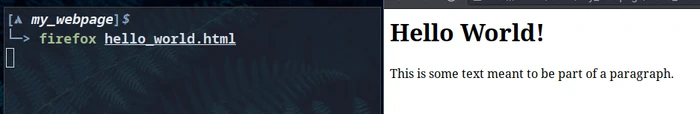 A screenshot of the terminal rendering an html page with both an h1 and p tag example